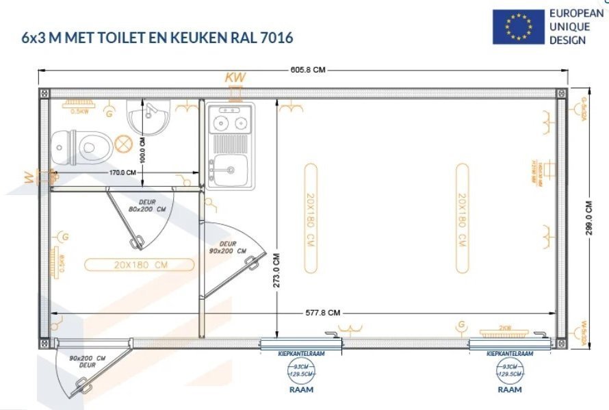 Conteneur Isolé de 6 x 3 mètres avec Toilettes et Cuisine RAL 7016 – Image 8
